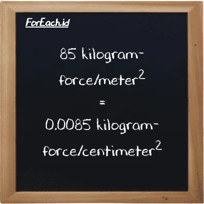 85 kilogram-force/meter<sup>2</sup> is equivalent to 0.0085 kilogram-force/centimeter<sup>2</sup> (85 kgf/m<sup>2</sup> is equivalent to 0.0085 kgf/cm<sup>2</sup>)